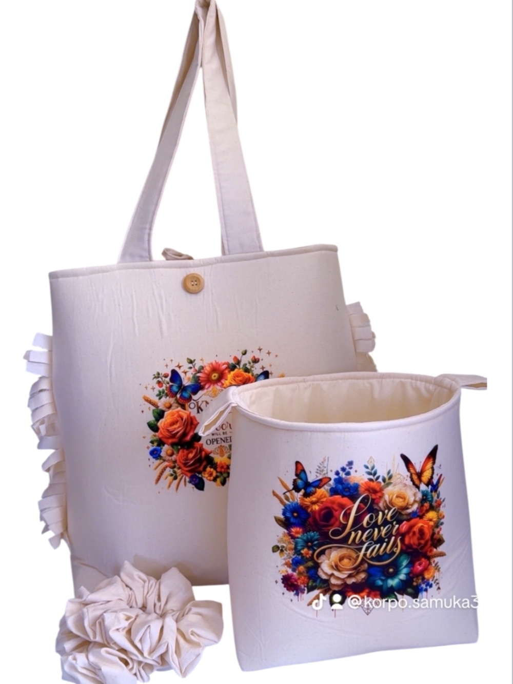 Cream Floral Tote Bag Set - Love Never Fails